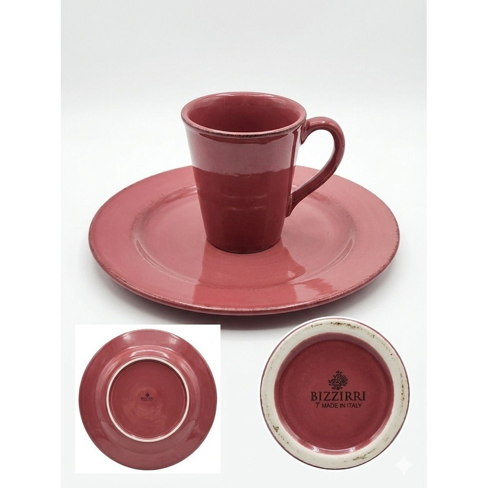 Bizzirri Italy Rose Mauve Ceramic Dinner Plate & Mug 2 Piece Set Distressed Rim